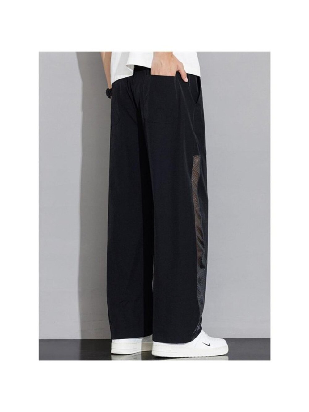 Men's Plus Size Drawstring Wide Leg Mesh Panel Pants - Picture 4 of 6